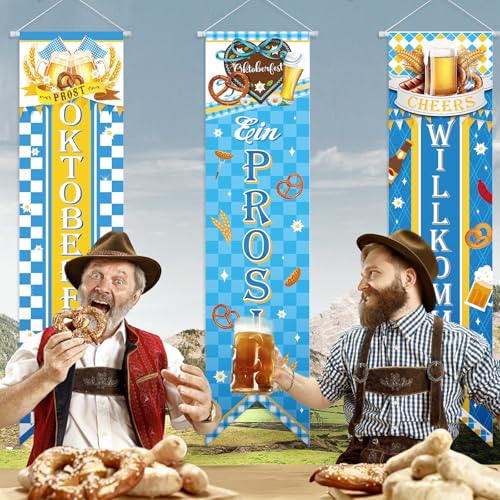 Image of Chiisong 3 Pieces Oktoberfest Party Decorations Bavarian Banners Oktoberfest Prosit Welcome Porch Signs Festival Hanging Backdrops for Home Bar German Party Indoor Outdoor Wall Door Decor
