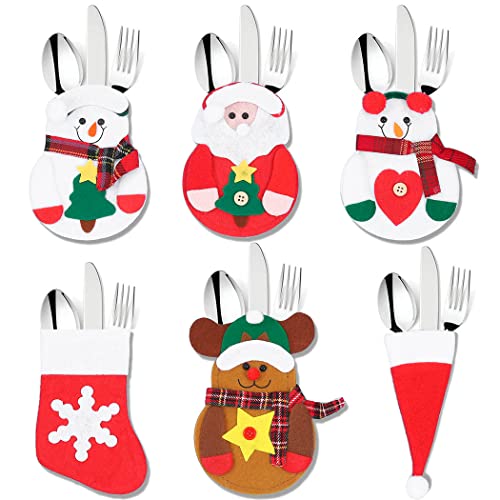 Navoky 6Pcs Christmas Silverware Holders Cutlery Spoon Knife Folk Bag Utensil Organizer Snowman Santa Tableware Pocket Set Dinner Party Table Decoration