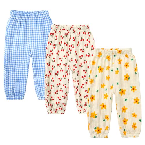 Image of Kids Tales 3 Pack Boys Girls Cotton Linen Pants Child Basic Plain Solid Trousers Big Kids Elastic Waist Long Pants Bloomers