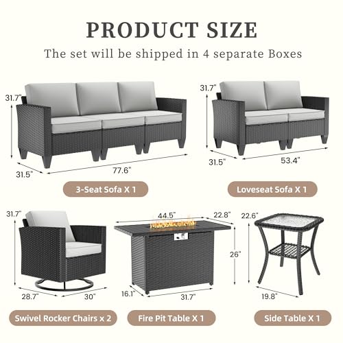 Image of UDPATIO Patio Furniture Set with Fire Pit Table and Swivel Rocking Chairs, 6 Pieces Outdoor Wicker Furniture Set with Waterproof Cover, 4'' Thickened Cushion, Light Grey