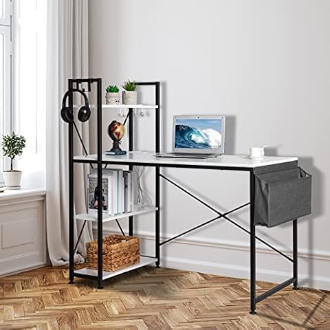 Galunt Computer Desk with USB Charging Port and Power Outlet Home Office Desk Wooden Writing Desk Computer Desk with Storage Shelves and Non-Woven Bag, 47" (White) Cover