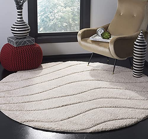 Image of Abstract Wavy Design Round Shaggy Carpet for Living Room, Bedroom, High Low Design Finish Microfiber 1.8 Inch Pile High, 4x4 Feet Cream|Cream Color