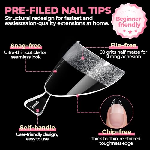 Image of UNA GELLA Almond Shape Nail Tips Short: 504pcs Half Cover Almond Gel Nails Tips Matte Clear Fake Nails Self-handle for Nail Extension DIY Nail Salon for Her, 12Sizes