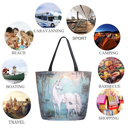 Forest White Unicorns with Child Extra Large Canvas Gym Shoulder Tote,Durable Daily Reusable Top Handle Bag for Mens Womens Yoga Weekender Picnic Beach Travel Market Shopping4