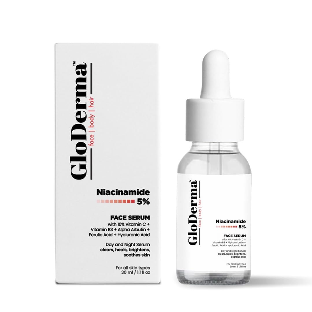 GloDerma 10% Vitamin C 5% Niacinamide Face Serum | Vitamin B3, Ferulic Acid, Alpha Arbutin & Hyaluronic Acid | For Clear Glowing Skin, Repairs Skin | Day & Night Serum For Women and Men | 30 Ml.