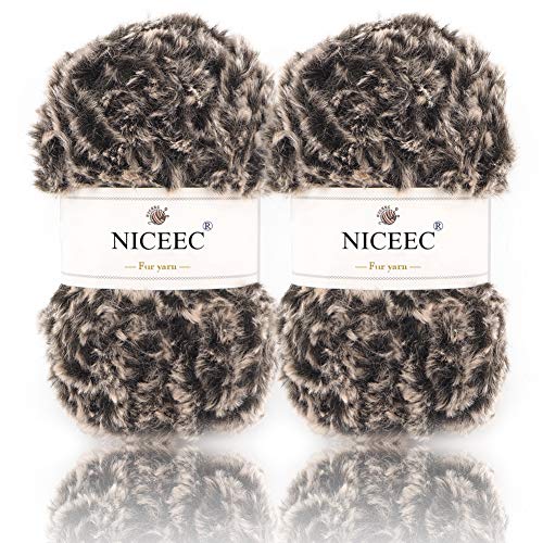 Image of NICEEC 2 Skeins Faux Fur Yarn Super Soft, Chunky & Fluffy, Eyelash Yarn for Crochet & Knitting (Total Length 70yds,3.53oz) - Coffee