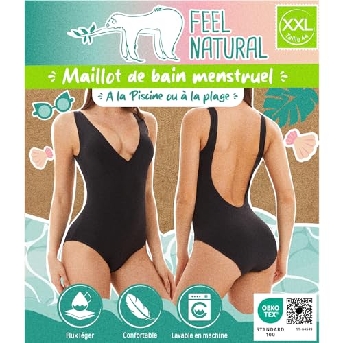 Maillot de bain menstruel Noir 1 Pièce - Taille XXL - Feel Natural - Maillot de Bain pour Femme et adolescente - Lavable - Anti Fuite - Confort Hygiénique -...