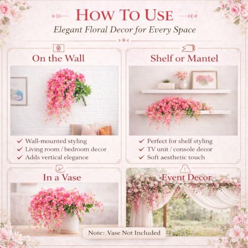 Image of CraftVatika Pink Cascading Wisteria Artificial Flower Bunch with Flexible Stems | Realistic Hanging Floral Bouquet | Decorative Flower for Wall Vase, Living Room | Wedding Anniversary Party Gift