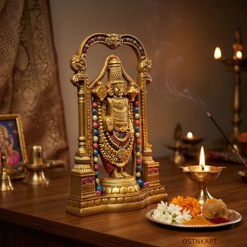 Image of Lord Tirupati Balaji Murti - 8 Inch Golden Polyresin Statue | Handcrafted Venkateswara Idol for Home Temple, Office Desk & Spiritual Gift (Lord Srinivasa Govinda)