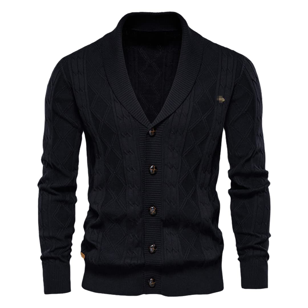 Vogrtcc Suéter de punto de algodón de manga larga con cuello en V para hombre, suéter engrosado, chaqueta de punto de moda, abrigo de un solo pecho, Nax168 Negro, L