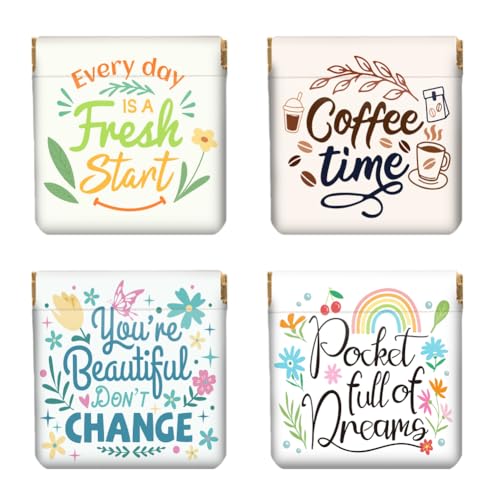 Peacoblue 4Pcs Small Leather Squeeze Coin Purse for Women-slogans and flowers Pattern Waterproof & Durable Change Pouch Mini Money Wallet,Best Gift for Adult Girls