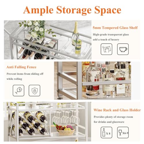 Image of FATORRI Bar Cart Silver, Bar Carts for The Home, Home Bar Serving Carts for Liquor, Rolling Wine Cart with 3 Tier Mirrored Shelves on Wheels for Alcohol and Beverage (Silver)