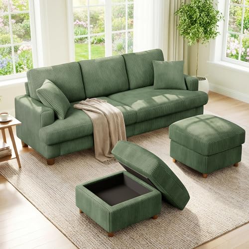 Image of Kidirect 87in U Shaped Couch, Modular Sofa No Tool Assembly, Comfy Sectional Couches for Living Room 21in Deeper Seats, Corduroy Sofas for Living Room with 2 Pillows, Loveseat Sofa Set, Green Couch