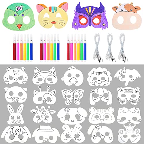 Fantasyon 66pcs Animal Masks Set for Kids DIY Colour-in Masks White Card DIY Graffiti Masks Hand Painting Art Craft for Halloween Decorations Birthday Party Safari Jungle Forest Theme Dress-Up