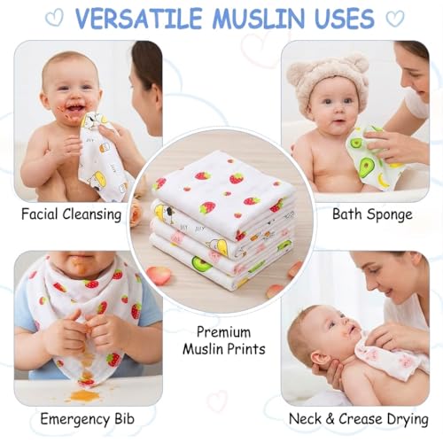Image of GLUN Muslin Baby Hankies Pack of 5, 2-Layer Cotton Face Towels for Newborn & Toddler 25x25cm, Soft Absorbent Reusable Washcloths, Gentle Daily Use Napkins, Assorted Designs