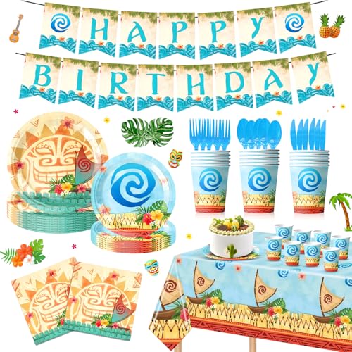 170PCS Tropical Birthday Party Supplies – Hawaiian Luau Tableware Set with Plates, Cups, Napkins, Cutlery, Tablecloth & Banner for Island Theme Party, Serves 24 Guests