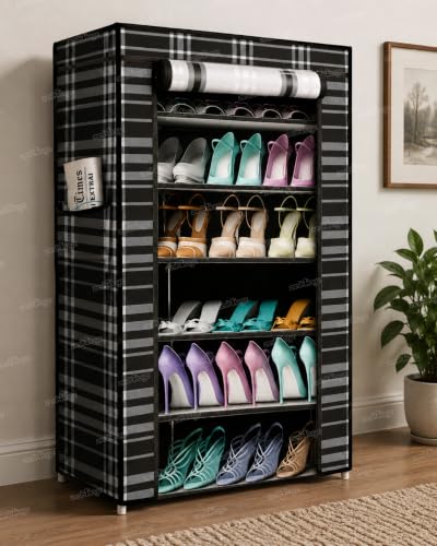 Image of Zest 4 Toyz 6 Shelf Shoe Rack for Home with Zip Door Cover & Side Pockets Shoe Stand Multipurpose Storage Rack for Footwear Toys Clothes with Dustproof Cover (Monochrome)