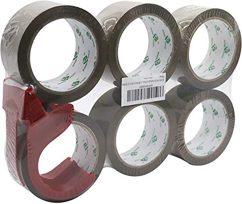 BOMEI PACK Cinta de embalaje marrón con dispensador, 48 mm x 66 m, paquete de 6 rollos, cinta de embalaje resistente