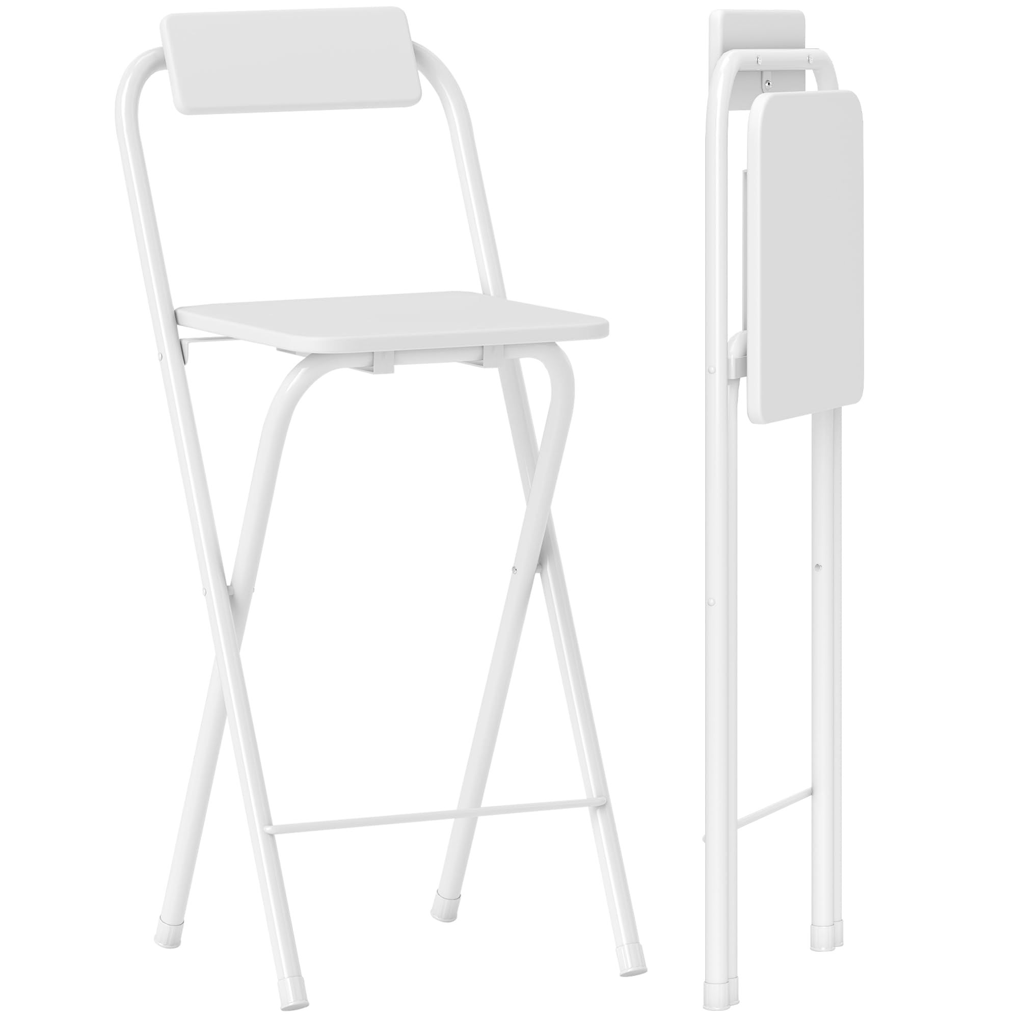HOMCOM Juego de 2 Taburetes de Bar Plegables Taburetes Altos de Cocina con Respaldo Reposapiés y Marco de Acero para Comedor Mostrador Blanco