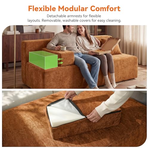 Image of MONVANE 3-Piece Boneless Loveseat Couch Set for Living Room, Oversized Modular Sectional Sofa Set with Removable Armrests, Comfy Chenille Cloud Couch with 12 Pillows, No Assembly Required, Orange