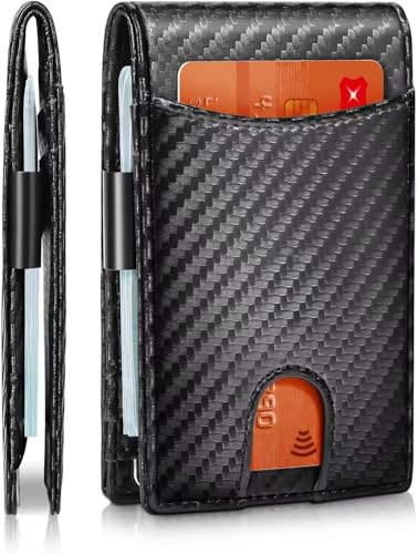Genuine Leather Slim Wallet for Men, Minimalist Design with Money Clip, ID Window, and RFID Blocking (Carbon Black)