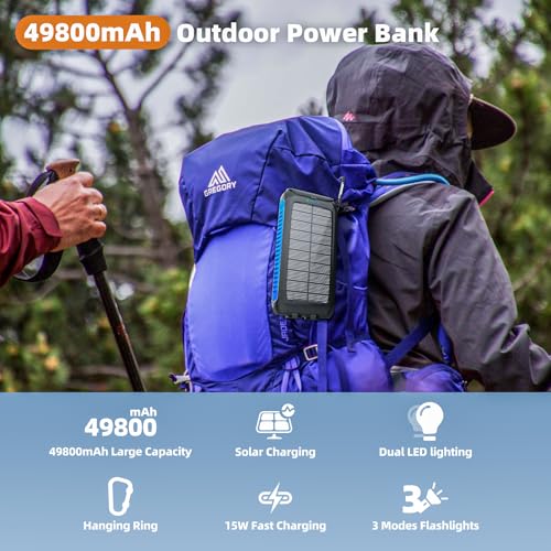 Image of Solar Charger Power Bank 49800mAh - Portable Fast Charging Power Bank with Type-C & Dual USB Ports, Compatible with iPhone, Samsung & More, Waterproof Solar Panel for Camping, Hiking, and Outdoor Use