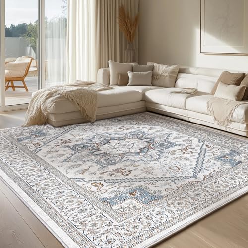 OPPODREAM Soft Neutral Area Rugs 5x7, 5x7 Washable Rug with Non Slip Backing, 5 x 7 Faux Cashmere Low-Pile Carpet, Cream White & Blue & Light Brown