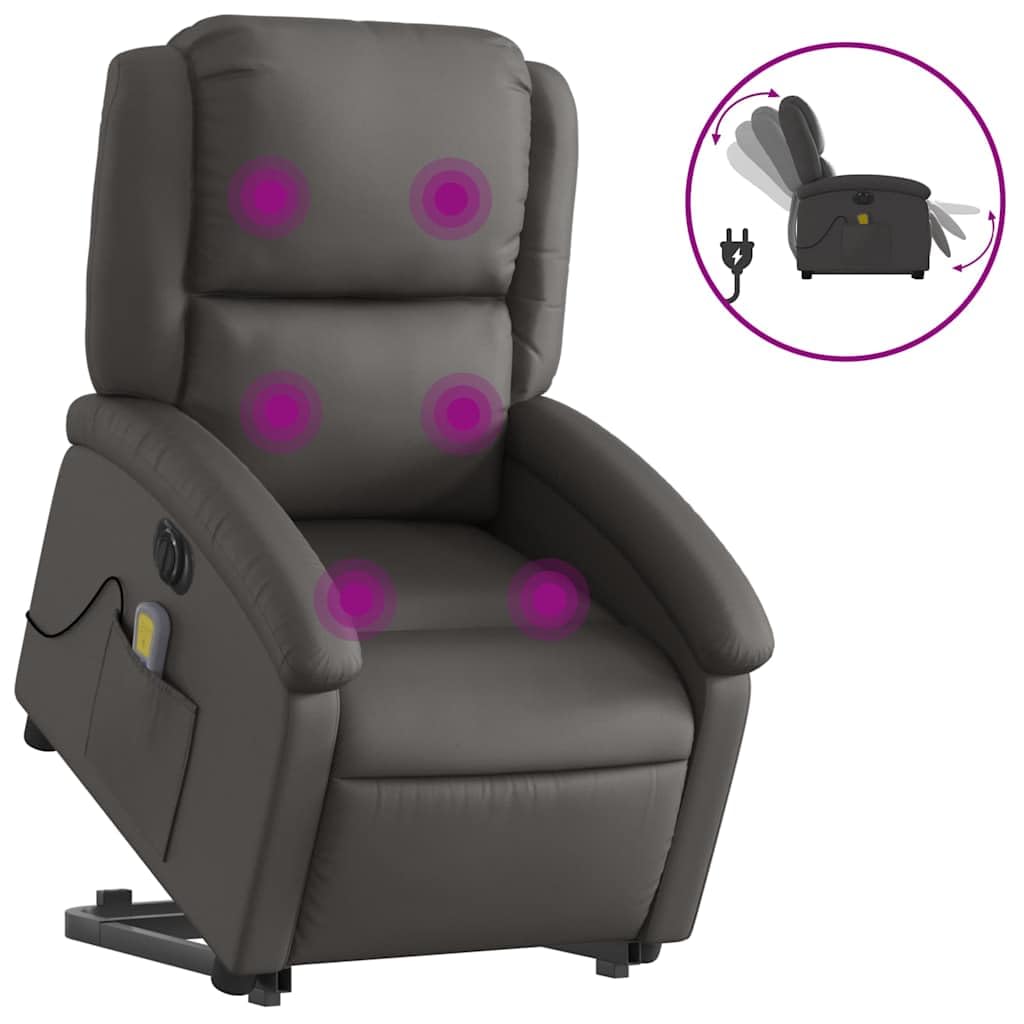 Sillón elevador eléctrico con masaje reclinable gris de piel, 6 puntos de vibración, elevación e inclinación automática, cómodo asiento acolchado, marco estable