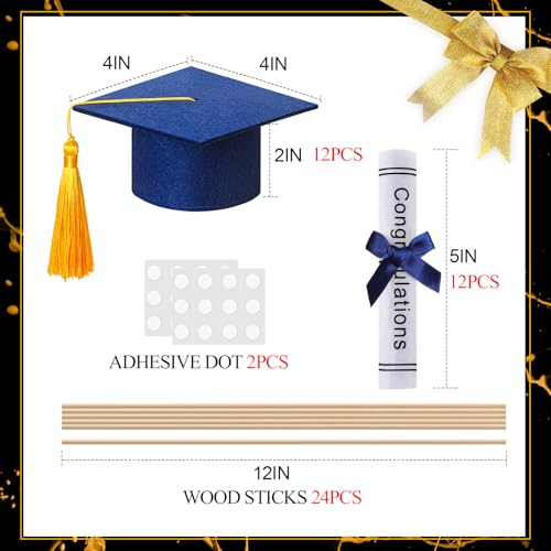 Image of Breling 24 Pcs Blue and Gold Graduation Centerpiece Sticks Felt Graduation Scroll Diploma and Grad Cap with Tassel Decor 2026 Table Toppers Centerpiece Party Supplies for Grad Party Decorations