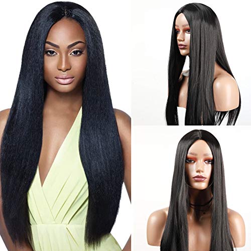 Long Black Synthetic Wigs Middle Part Natural Hair Wigs for Women Heat Resistant Fiber Hair for girl Colorful Costume Wigs Daily Cosplay Wear (Black-straight-24in)