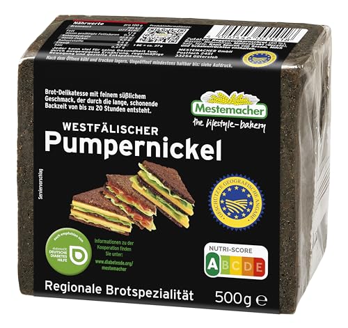 Mestemacher Westfälischer Pumpernickel vegan Nutri Score A 60% Roggenvollkornschrot lange und schonende Backzeit 9 Scheiben regionale Brot Spezialität Diabetiker geeignet 500g