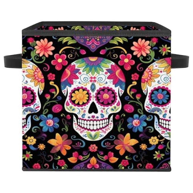 Storage Bins Cube Storage Organizer Foldable Storage Baskets with Handles, Day of the Dead Skull Floral Decorative Fabric Organizer Storage Boxes for Home Office