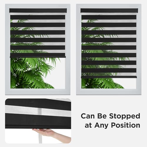 Joydeco Cordless Zebra Blinds for Windows, Dual Layer Light Control Window Blinds with Light-Proof Aluminum Cover, Free-Stop Roller Shades for Home & Office (Black,55" W x 75" H)