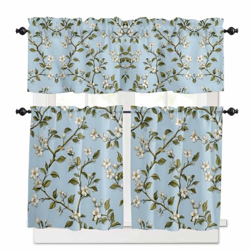 Watercolor Flower Kitchen Curtains 24 Inch Length,3 Piece Rod Pocket Small Half Tiers and Valance Set,Blooms Wildflower Garden Motifs Floral Small Large Window Treatment Decor for Bedroom/Bathroom