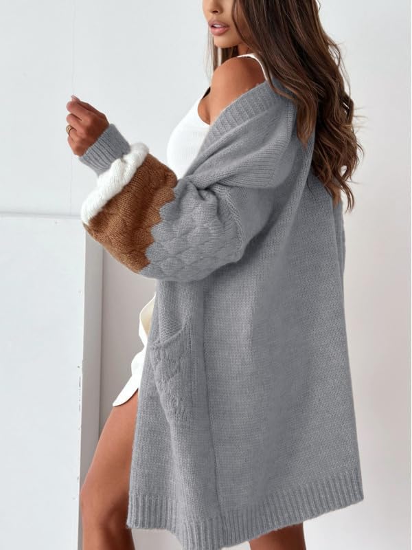 Yidarer Women Oversized Knit Cardigan Open Front Color Block Sweater Casual Fall Outfits with Pockets - Image 4