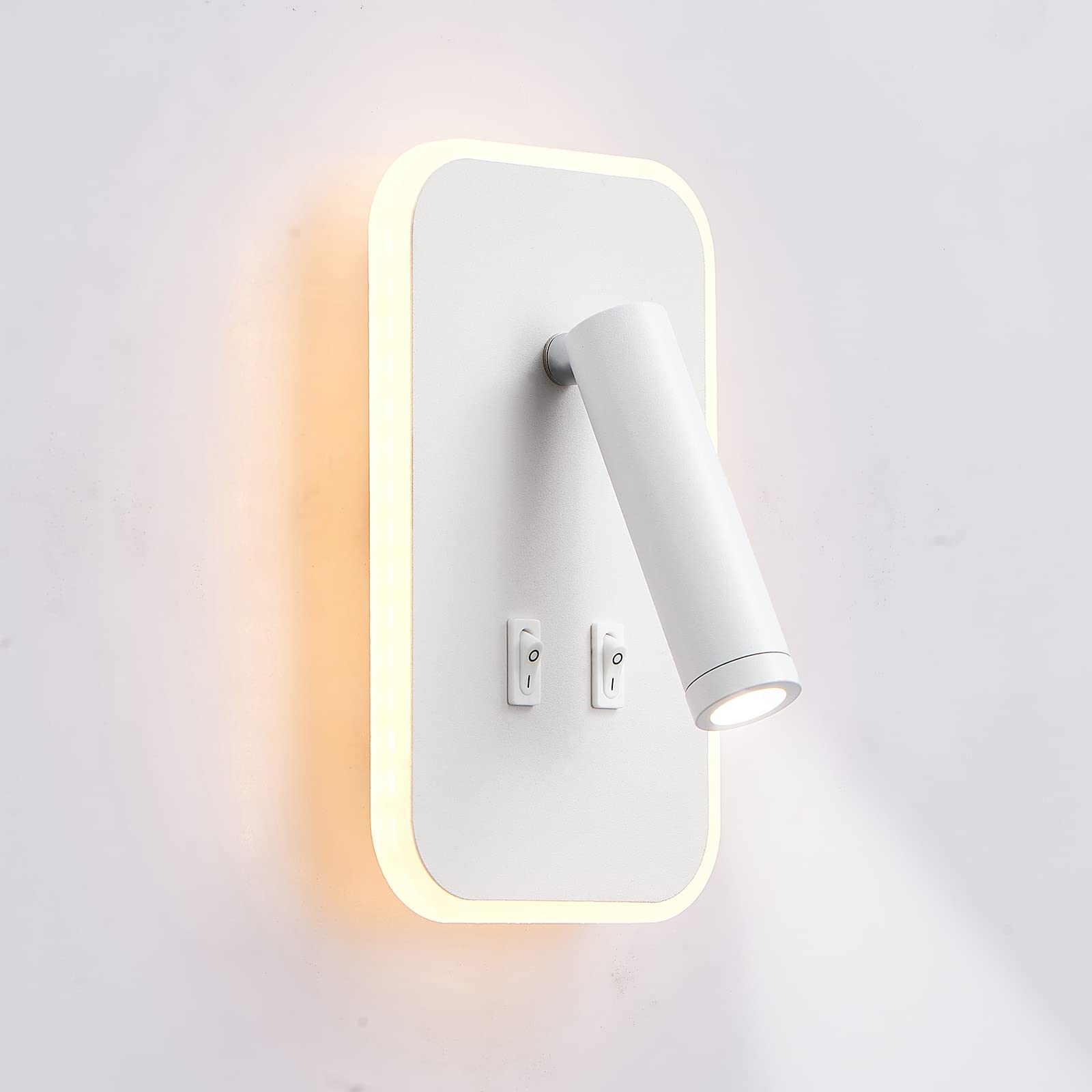 uksunvi Lámpara de pared LED, lámpara de pared de lectura junto a la cama, lámparas de lectura de pared LED de 12 W, foco ajustable （3 W + 9 W 3000 K luz cálida） (rectángulo blanco)