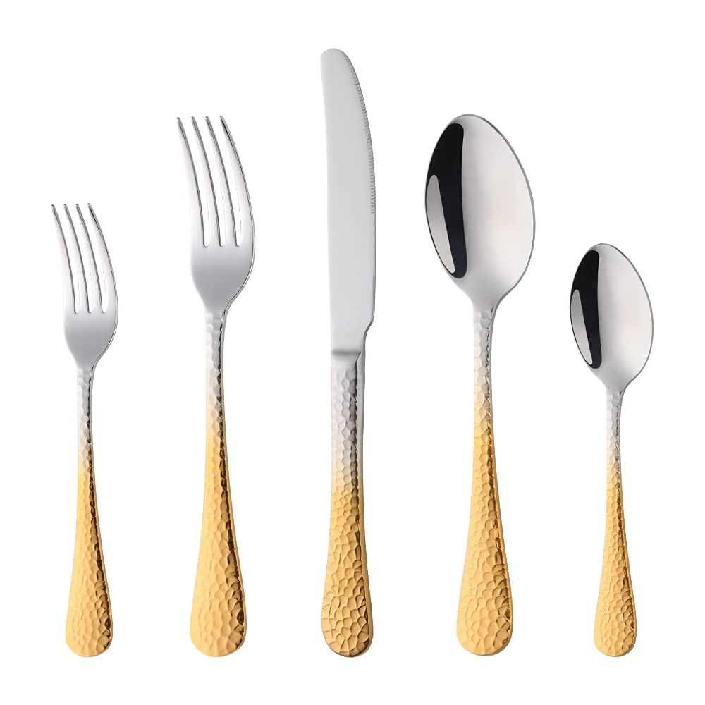 Hammered Silverware Set, 20 Piece Flatware Utensils, Premium Stainless Steel Kitchen Dinner Cutlery Sets of 4, Mirror Polish, Dishwasher Safe (Gradient Gold)