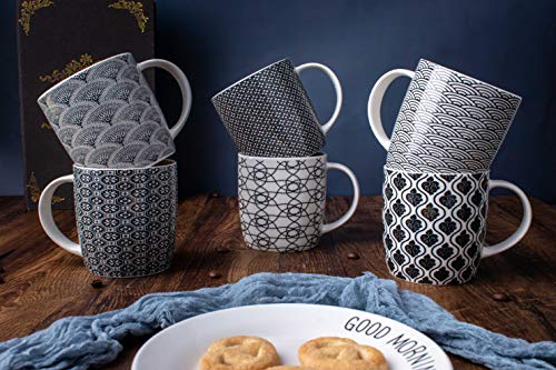 Machuma Set Of 6 11.5 Oz Coffee Mugs With Black And White Geometric Patterns, Ceramic Tea Cup Set #TOP1