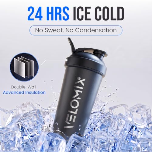 Image of VELOMIX 24oz Stainless Steel Shaker Bottle with Wire Whisk, Black