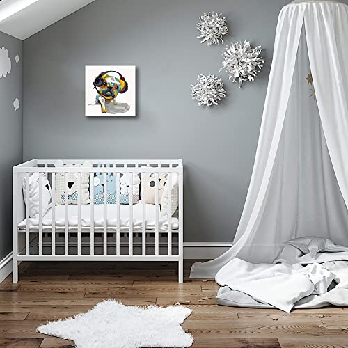 Pug Dog Canvas Wall Art: Handpainted Dog Wall Art Funny Dog Pug Listening Music With Headphones Print For Bedroom Wall Decor Framed Easy To Hang (12"X12"X1 Panel) #TOP5