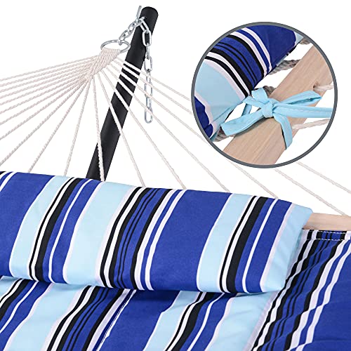 Image of SUNCREAT 2 Person Hammock with Hardwood Spreader Bar, Outdoor Rope Hammock with Polyester Pad, 475 lbs Capacity, Blue Stripes