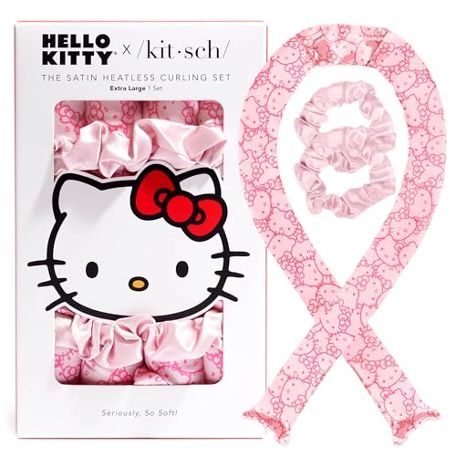 Hello Kitty x Kitsch Set di bigodini in raso senza calore, per ricci morbidi e senza crespo, per dormire, fascia per capelli con asta arricciacapelli, facce di Kitty rosa
