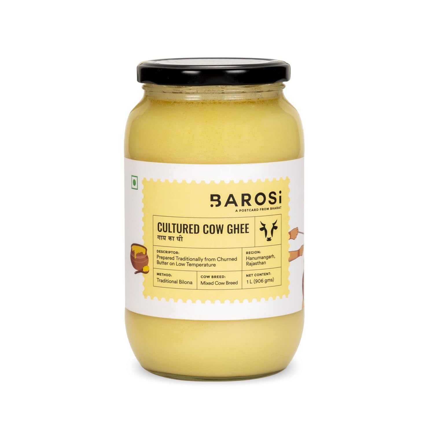 Barosi Premium Cultured Desi Cow Ghee 1 Litre | Vedic Bilona Method | Churned From Curd | Pure & Natural | Farm Made In Small Batches | Glass Jar Packing