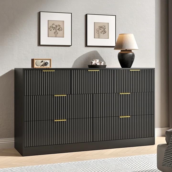 NOVAMAISON Black Dresser with 7 Drawer - 55” Wide Fluted Dresser for Bedroom with Metal Handle, Chest of Drawer, Wood TV Stand for Bedroom, Living