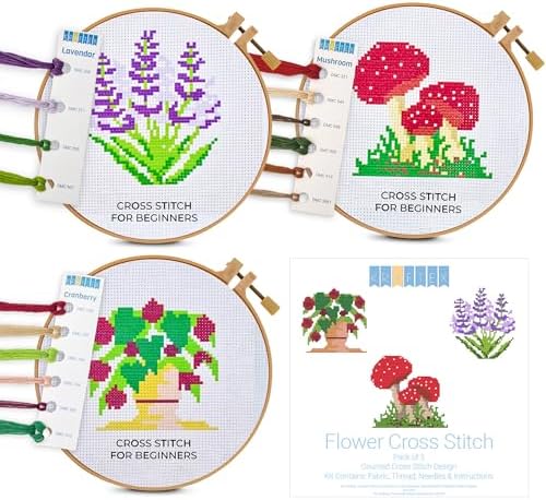 Kraftex Floral Stamped Cross Stitch Kits for Beginners - 3 Pack. DIY Embroidery Needlepoint Patterns for Adults and Kids. Easy Cross Stitch Kits for Beginners