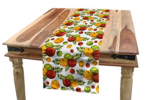 Ambesonne Fruits Table Runner, Apple Harvest Themed With Fruit And Leaves Illustration Autumn Season, Dining Room Kitchen Rectangular Runner, 16" X 72", Sienna Yellow #TOP10