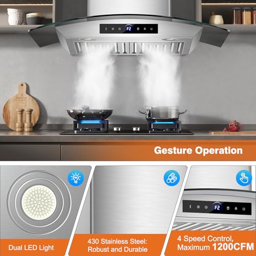 30 Inch Wall Mount Range Hood 1200CFM, 4-Speed Wall Mount Range Hood with Touch Control & Gesture Sensing Stainless Steel Kitchen Stove Vent Hoods with 2 LED Lights Pro Series