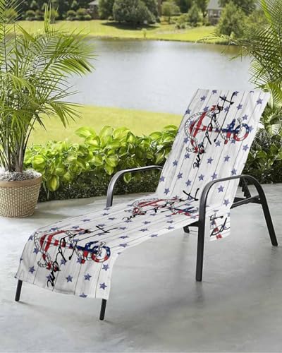 4th of July Beach Chair Towel Covers for Chaise Lounge with Side Pocket, Soft Plush Pool Towels Cover for Patio Sunbathing Outdoor 29''x85'' Nautical Anchor Red Blue Stars Wood Grain