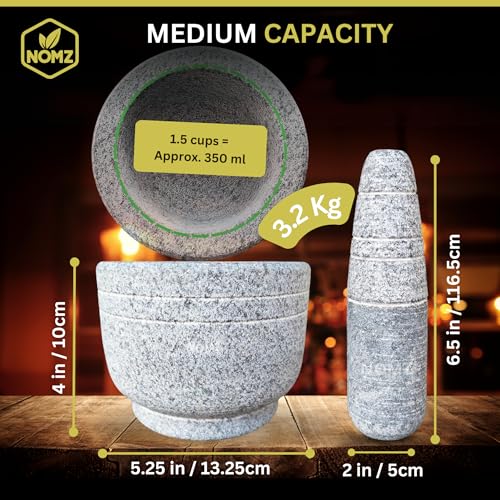Image of NOMZ Mortar and Pestle Set for Kitchen - Natural Stone Grinder (Khalbatta) with Anti-Scratch Pad & Silicone Spatula - 1.5 Cup, 5.5 Inch Diameter