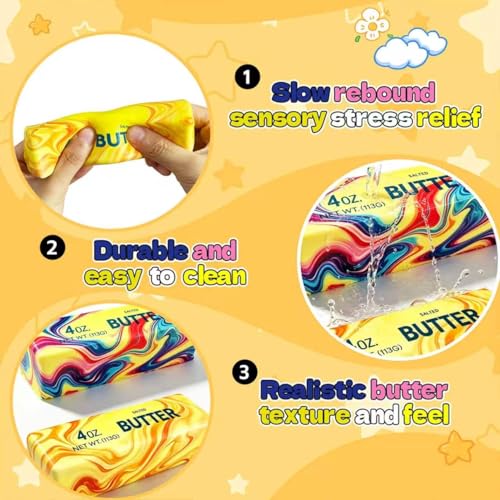 2 Pack Butter Squishy Fidget Toy, Realistic Butter Stick, Slow Rising Non-Stick TPR Squeeze Toy, Soft Sensory Desk Toy for Adults & Kids, Office Gift (Marbled Rainbow Colors) - image 7
